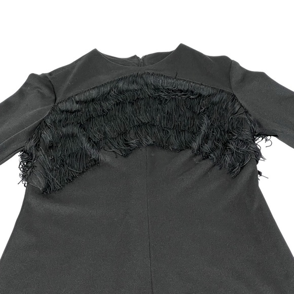 VINTAGE Long Sleeve Black Fringe Evening Gown Cocktail Dress Size 4-6 Medium - Picture 7 of 16